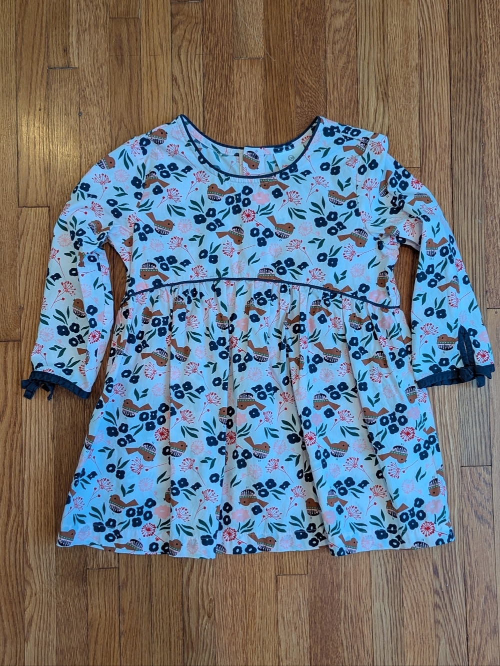 Hanna Anderson Floral & Bird Print Long Sleeve Dress - White Base with Navy Trim